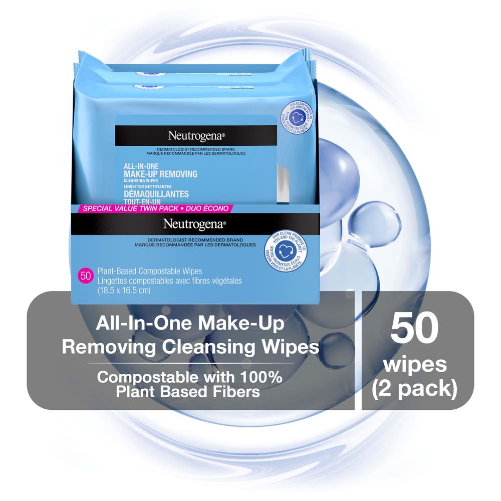 Neutrogena All-In-One Makeup Removing Cleansing Wipes, 18.5x16.5 in (2 x 25 ct)