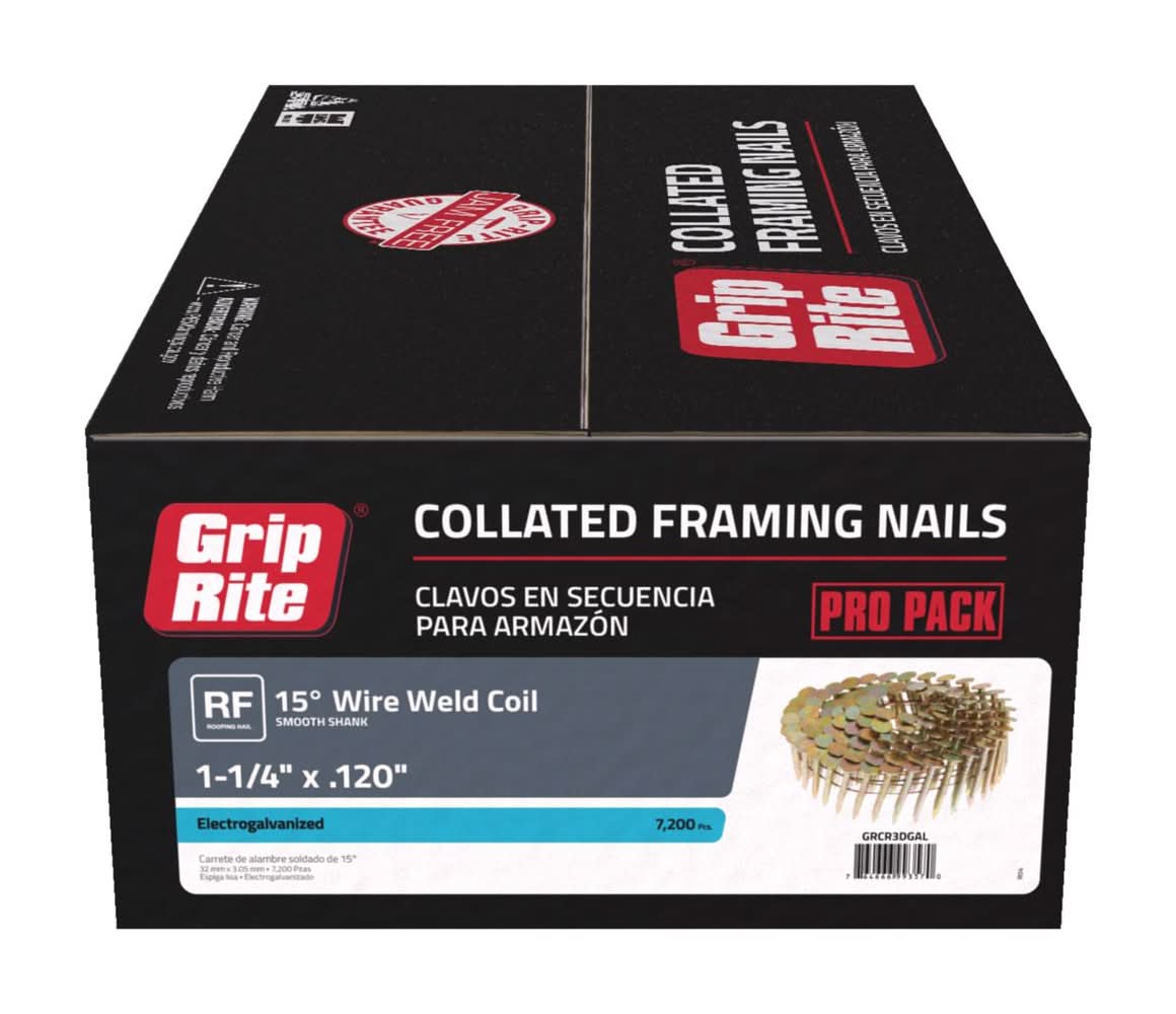 Grip-Rite 1-1/4 In. L X 11 Ga. Angled Coil Electro Galvanized Roofing Nails 15 Deg 7200 Pk