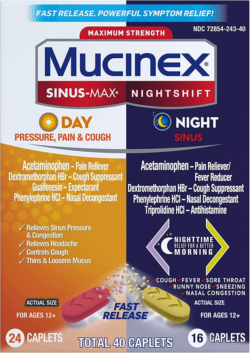 mucinex Sinus-Max 24 Caplets Day Time and 16 Caplets Night Time 40caplets