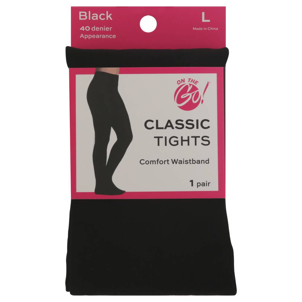 On the Go! Comfort Waistband Classic Tights, Large, Black