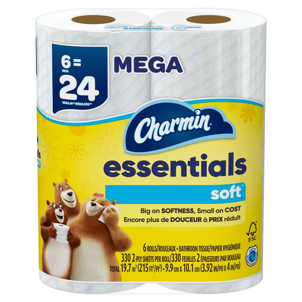 Charmin Essentials Soft Toilet Paper 6 Mega Rolls, 330 Sheets per Roll