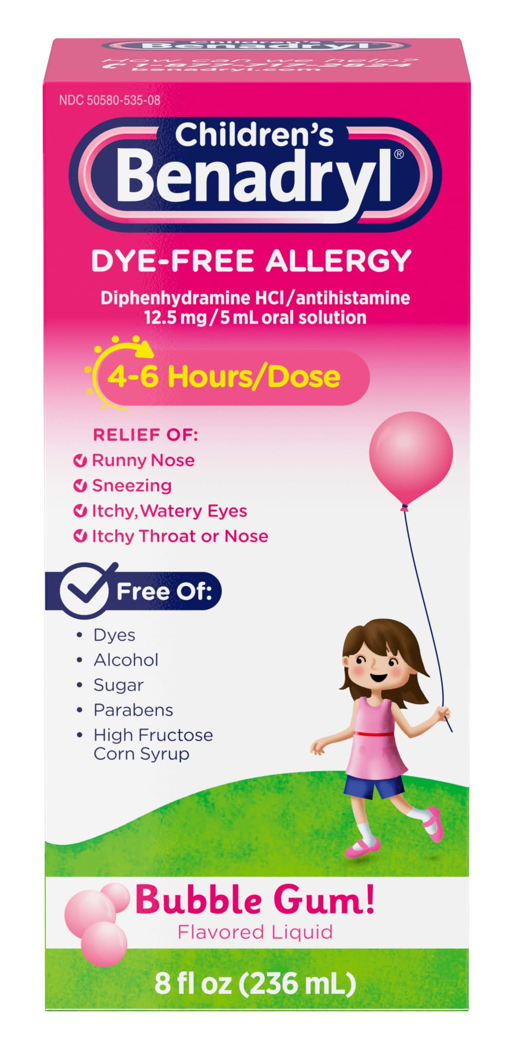 Children's Benadryl Dye-Free Allergy Liquid, Bubble Gum (8 fl oz)