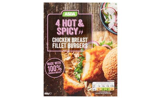 Asda 4 Hot & Spicy Chicken Breast Fillet Burgers 400g