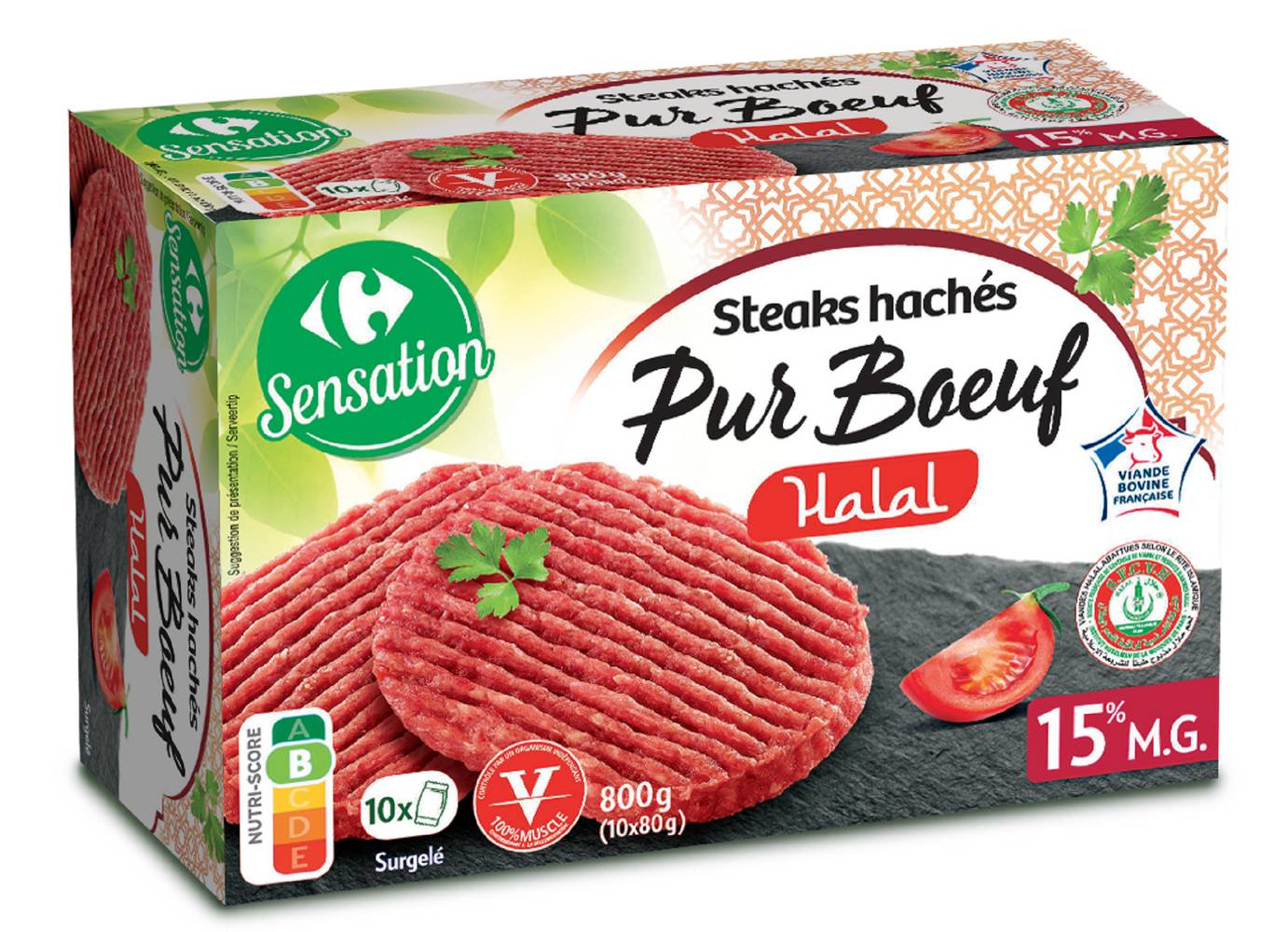 Carrefour Sensation - Steaks hachés pur bœuf halal  15% mg (10 pièces)