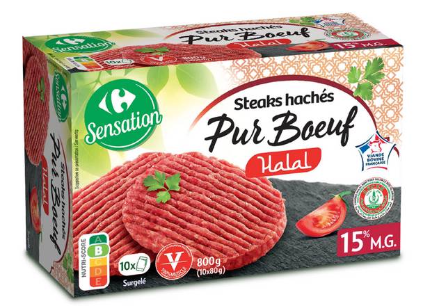Carrefour Sensation - Steaks hachés pur bœuf halal  15% mg (10 pièces)