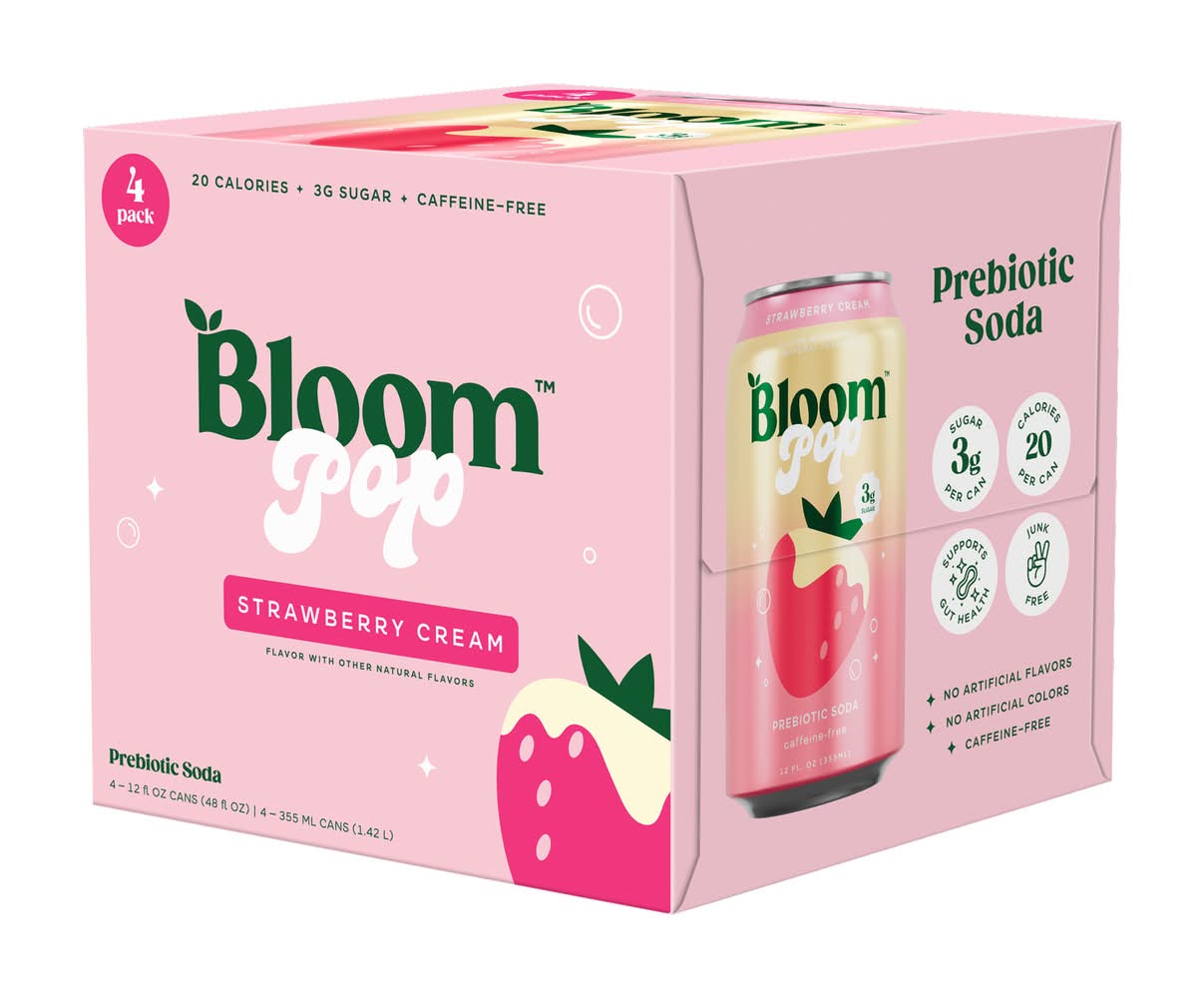 Bloom Pop Prebiotic Soda, Strawberry Cream (4 x 12 fl oz)