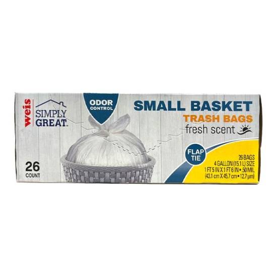 Weis Simply Great Trash Bags Small Basket 4 Gallon Oder Control Fresh Scent