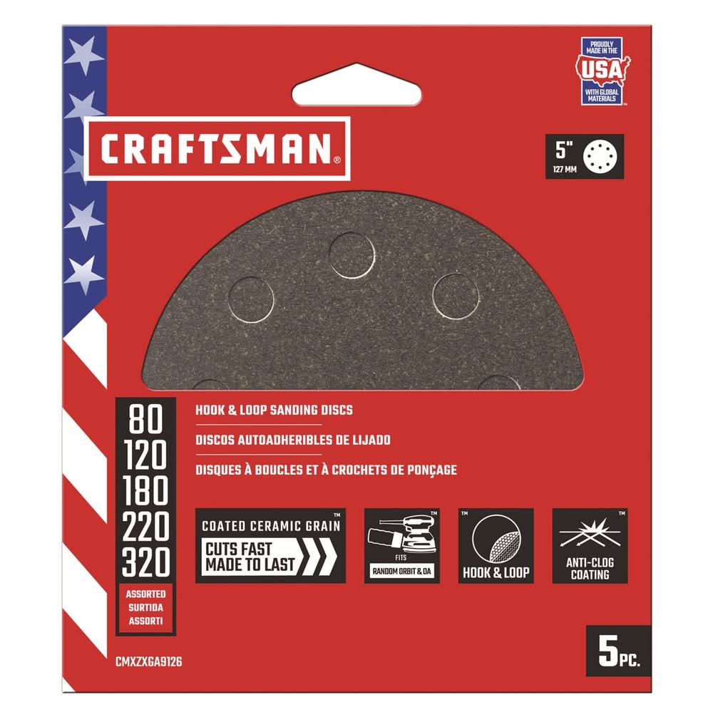 CRAFTSMAN 5 In. Ceramic Hook And Loop Sanding Disc Assorted Grit 5 Pk
