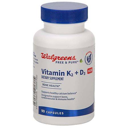 Walgreens Free & Pure Vitamin K2 + D3 Supplement Capsules for Bone Health - 90.0 ea