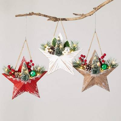 10"H Sullivans Lighted Pine Star Ornament - Set of 3  Multicolored Christmas Ornaments