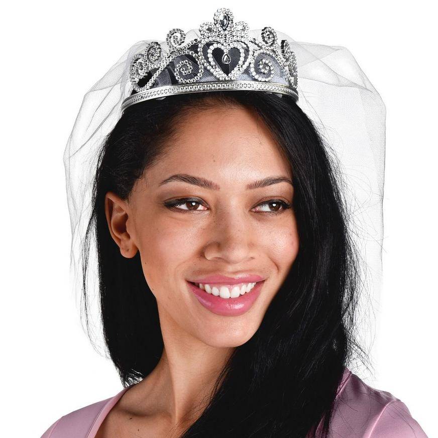 Party City Rhinestone Heart Tiara With Veil, Female, Silver