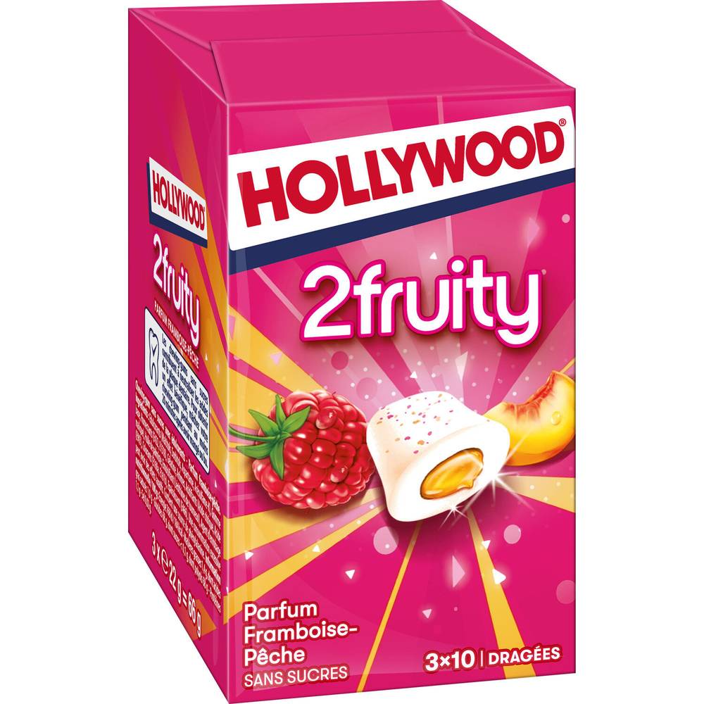 Hollywood - Chewing gum à la framboise et à la pêche sans sucres 2fruity (30 pièces)