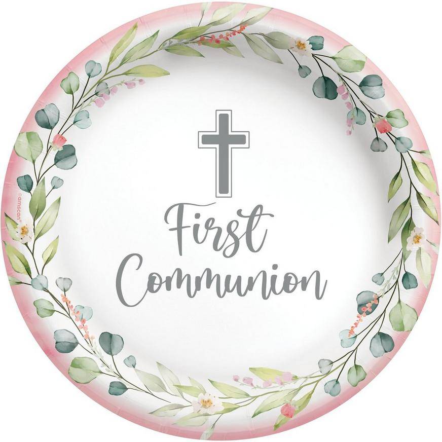 Pink My First Communion Paper Dinner Plates, 10in, 20ct