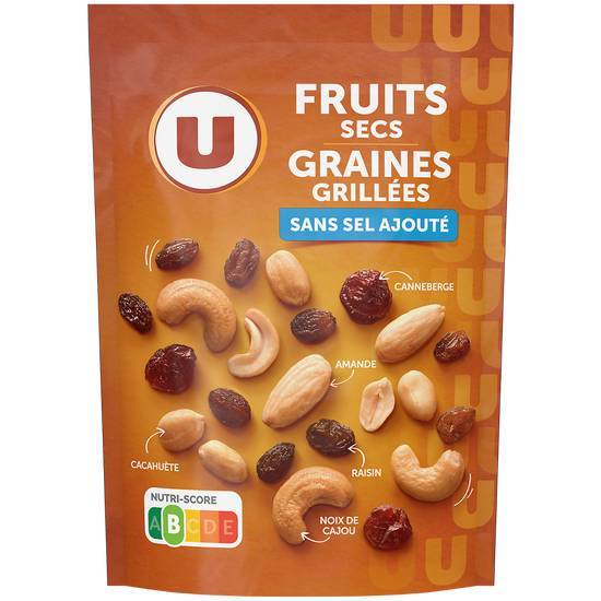 Les Produits U - Mélange fruits secs et graines grillées sans sel ajouté