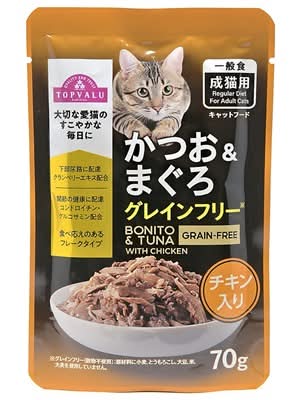 トップバリュ　キャットフード　パウチ　かつお&まぐろ　チキン入り　グレインフリー　成猫用　７０ｇ