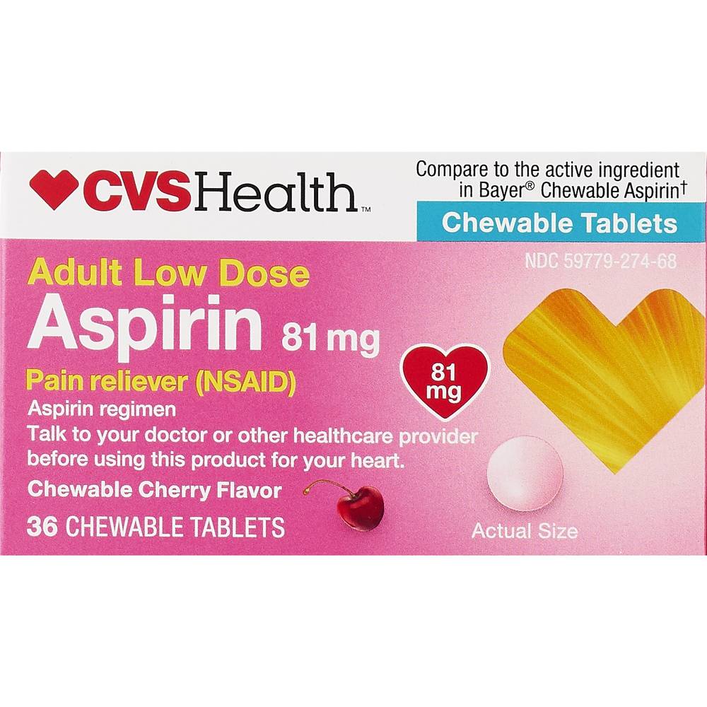CVS Health, Adult Low Dose Aspirin Pain Reliever, Chewable Tablets, 36 CT