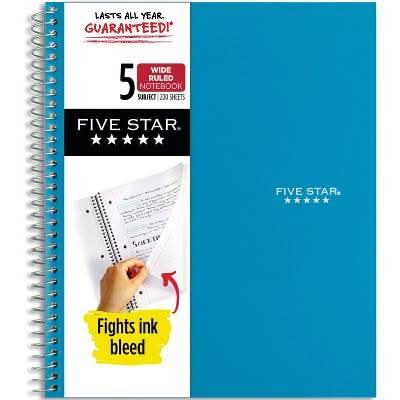 Five Star 5 Subjects Wide Ruled Spiral Notebook 200 Sheets, 8" x 10 1/2"