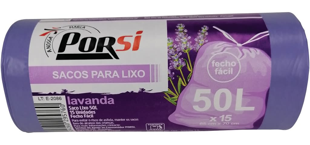 Porsi - Sacos do lixo lavanda 50 litros, 15 unidades
