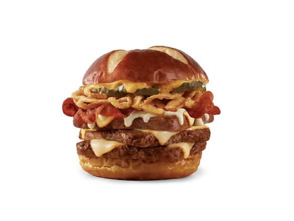 Pretzel Bacon Pub Triple Cheeseburger
