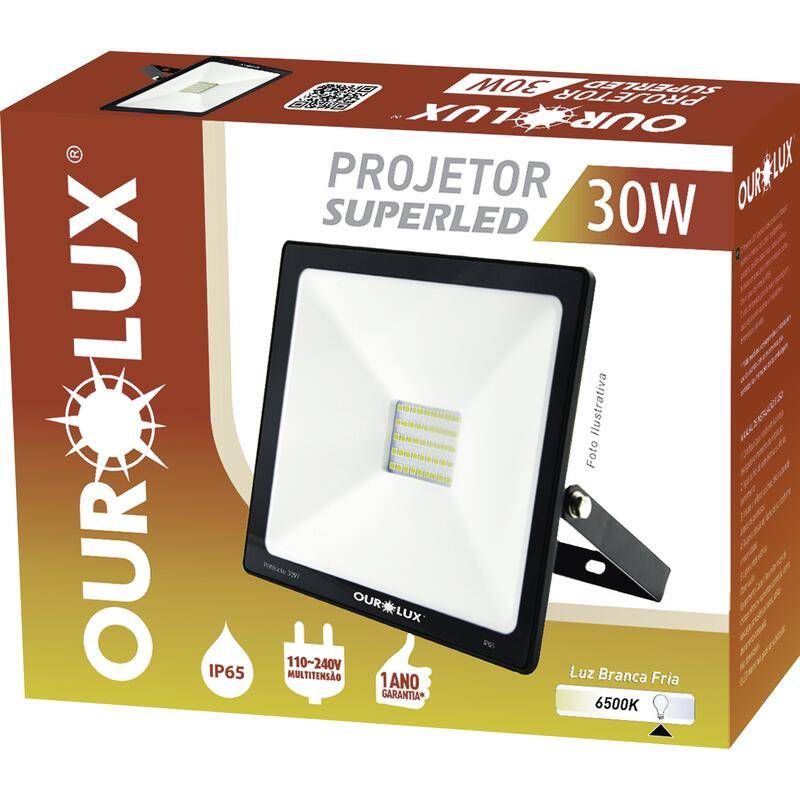 Ourolux superled projetor slim 30w preto 6500k bivolt (1 unidade)