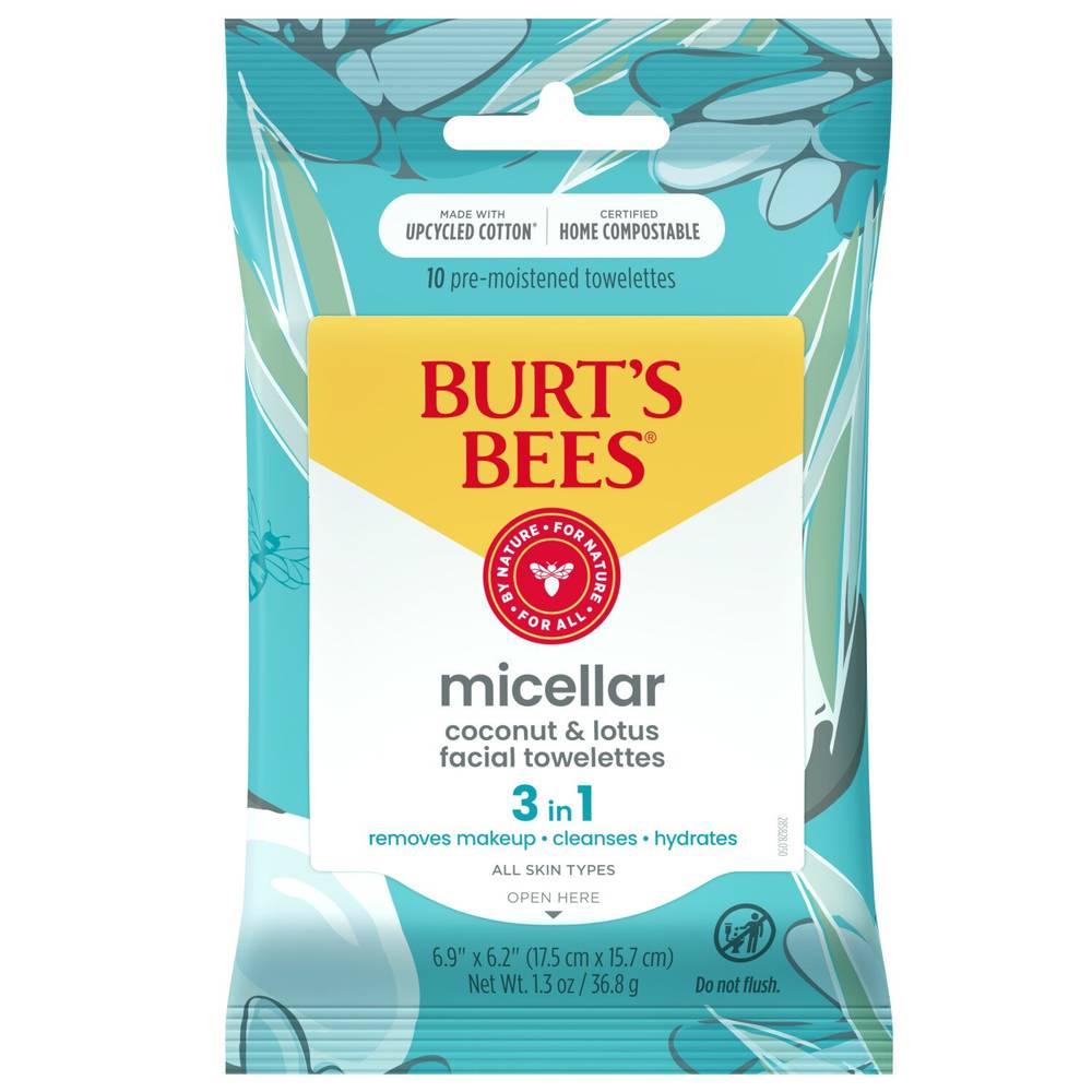 Burt's Bees 3 in 1 Micellar Makeup Removing Towelettes with Coconut and Lotus Water, 10CT