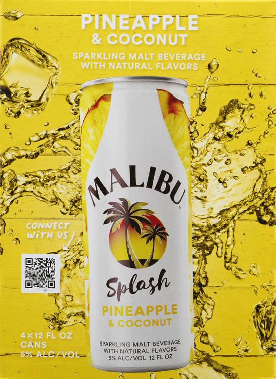 Malibu Splash Pineapple & Coconut Sparkling Malt Beverage (4 ct, 12 fl oz)