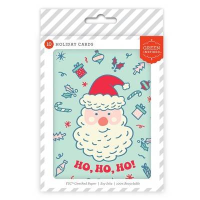 Green Inspired Ho Ho Ho Santa Christmas Single Design Boxed Card pack Mint (10 ct)