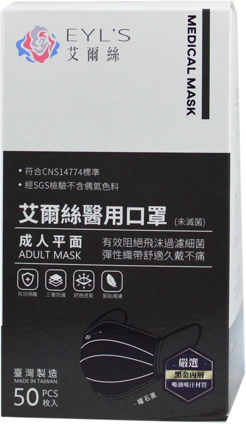 成人平面醫用口罩－黑曜石