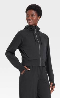 Women's Fleece Full Zip Hooded Sweatshirt - All In Motion™ Black L: Relaxed Fit, Seam Pocket, Thumbholes
