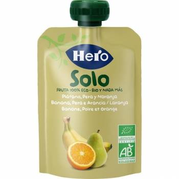 Bolsita de plátano, pera y naranja ecológico Hero Solo sin gluten 100 g.