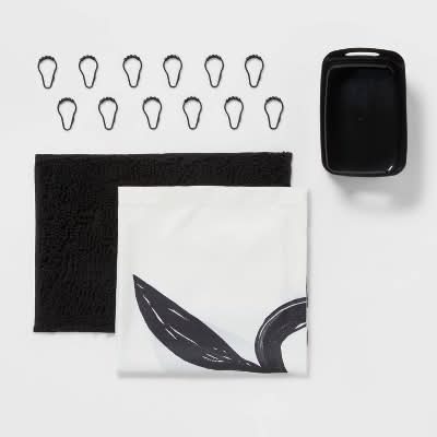 Room Essentials Abstract Floral Shower Curtain Set, Black