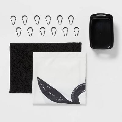 Room Essentials Abstract Floral Shower Curtain Set, Black