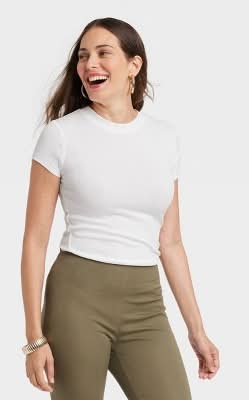 A New Day Slim Fit Short Sleeve Ribbed Crew Neck T-Shirt, Women, S, White