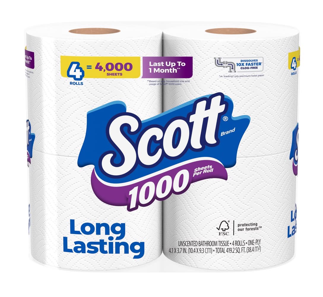 Scott Toilet Paper 4 Rolls 1000 Sheet 4 In.