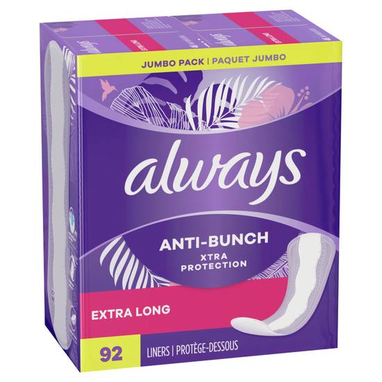 Always Anti-Bunch Xtra Protection Daily Liners Extra Long Absorbency Unscented 92ct
