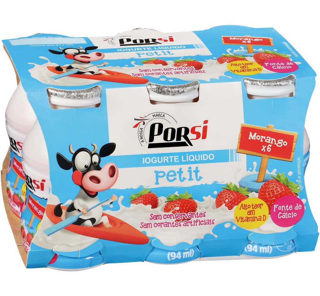 PorSi  - Iogurte liquido infantil morango, embalagem de 6 x 94 ml