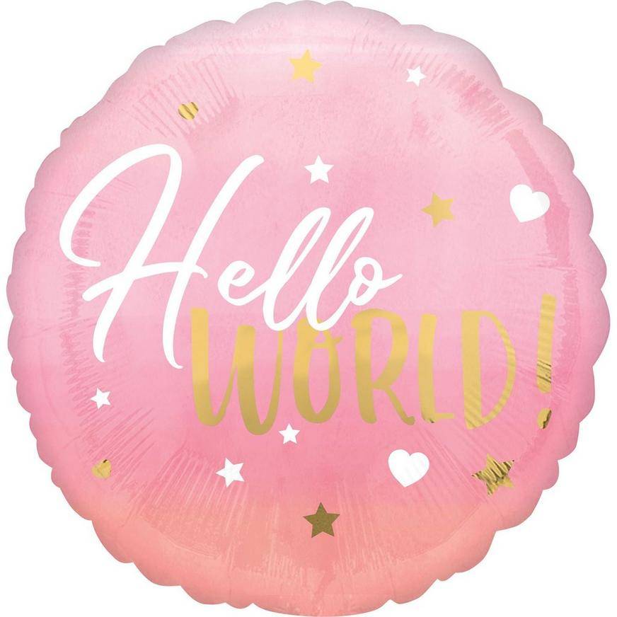 Uninflated Metallic Gold, Pink White Hello World Balloon