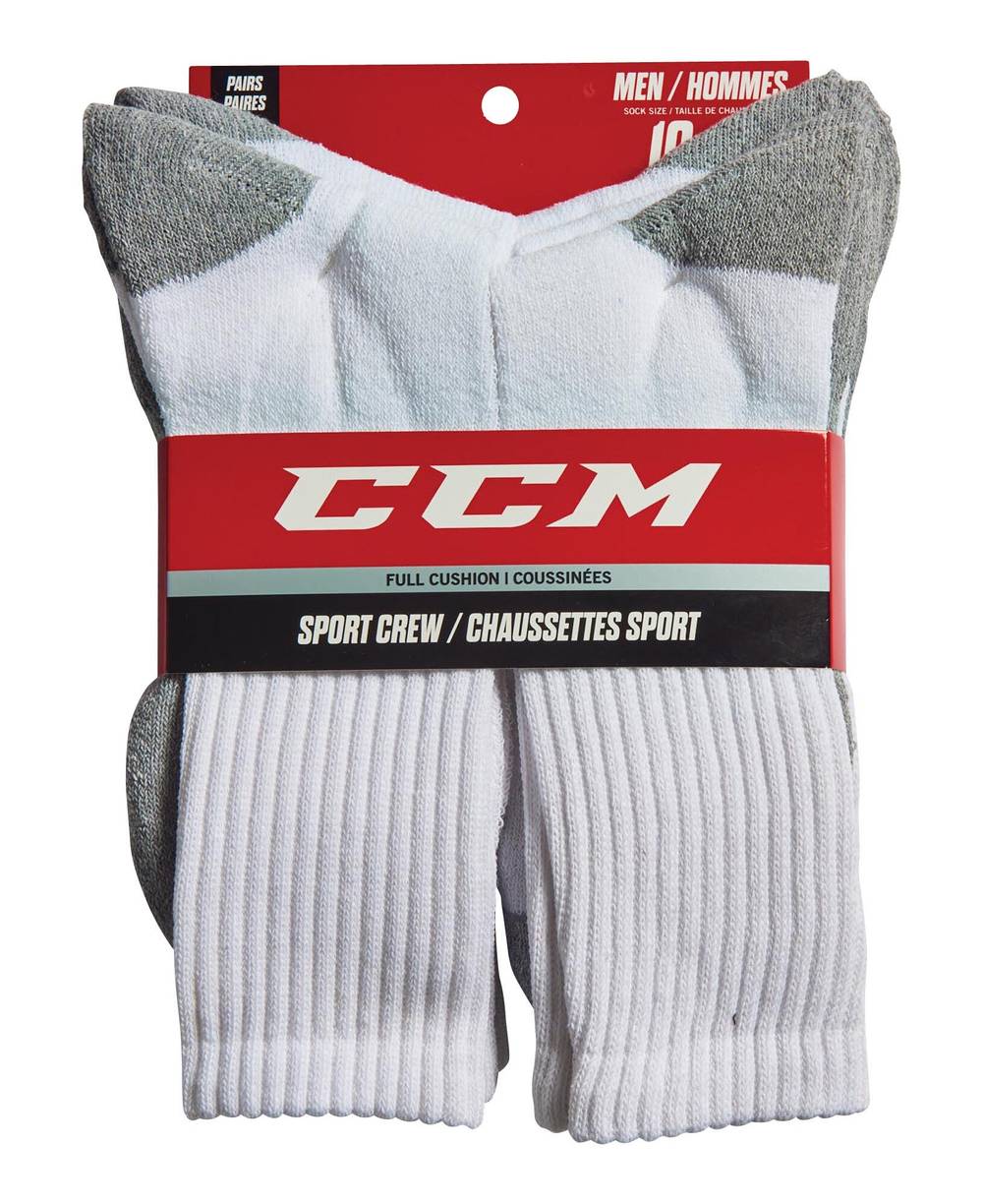6 paires de chaussettes de sport blanches CCM pour hommes. - 10-13 / CCM Men's Sport Crew Socks, 10 to 13, White, 6-Pack