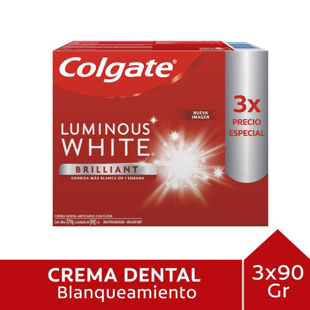 Colgate pack pasta dental luminous white (Caja 3 u x 90 g c/u)