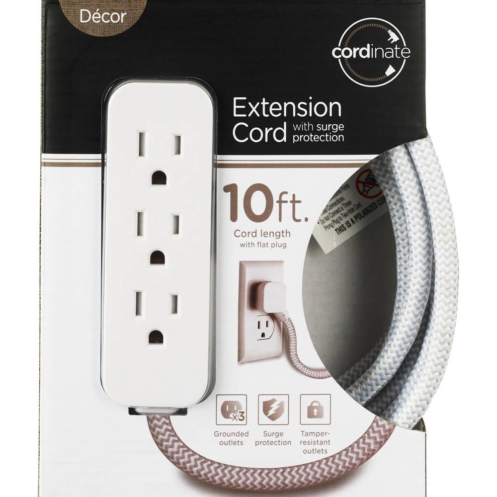 Cordinate Surge 3-outlet 16 Awg Extension Cord 10' Gray/White 37914