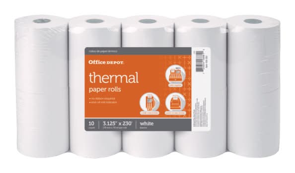 Office Depot® Brand Thermal Paper Rolls, 3-1/8" x 230', White, Pack Of 10