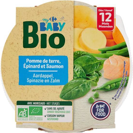 Carrefour Baby Bio - Plat pour bébé bio, pomme de terre - épinard - saumon, Dès 12 mois (230g)