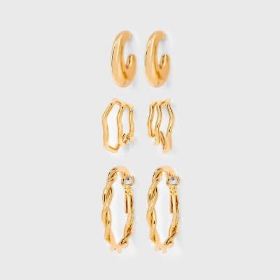 Universal Thread Twisted Hoop Earring Set, 1.25 in, Gold (3 ct)
