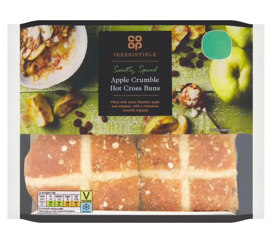 Co-op Apple Crumble, Irresistible Hot Cross Buns