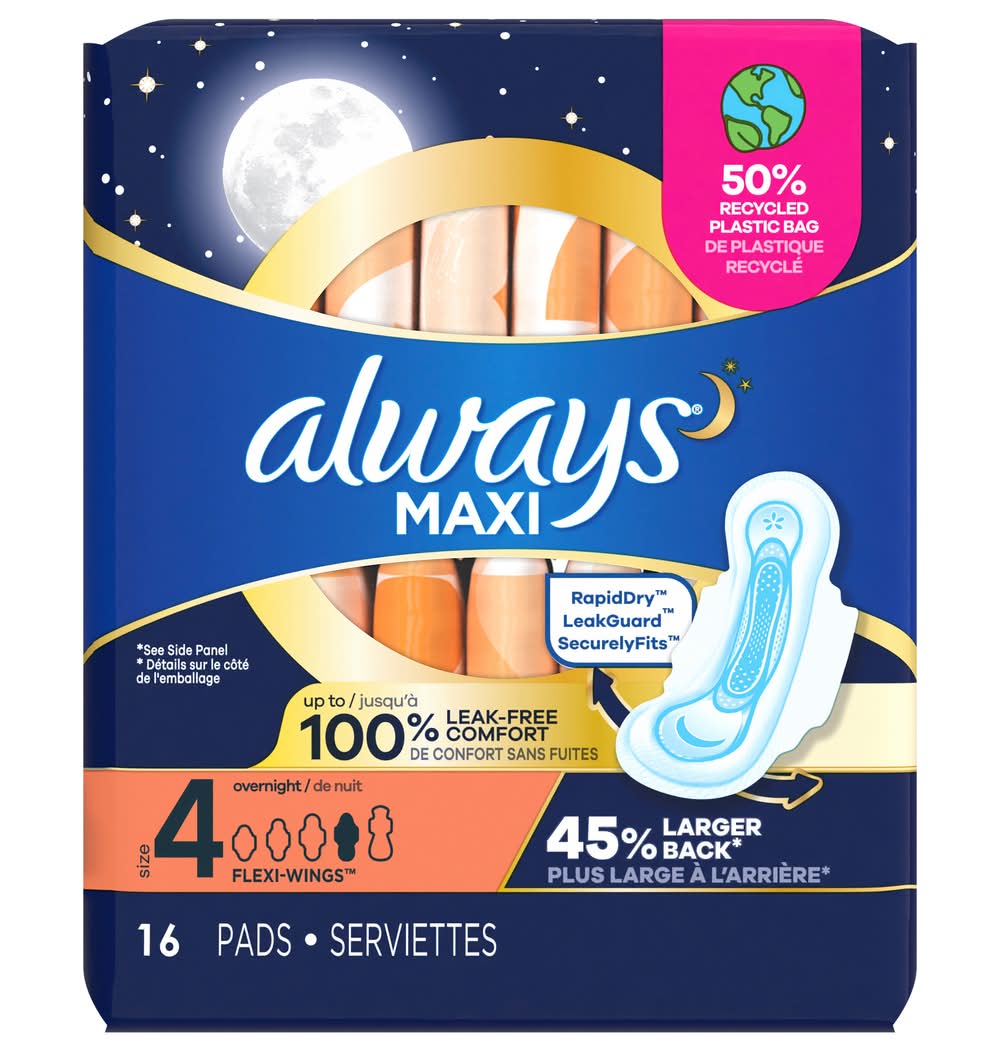 Always Maxi Overnight Pads With Wings Overnight, Unscented, 4 (16 ct)