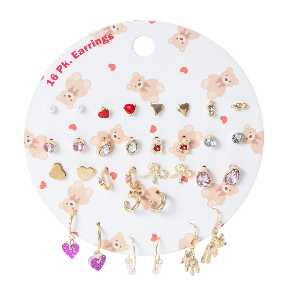 Earrings 16-Pack Heart Bear