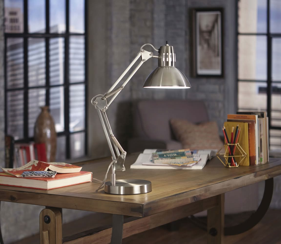 allen + roth Embleton 26-in Adjustable Brushed nickel Standard Desk Lamp with Metal Shade