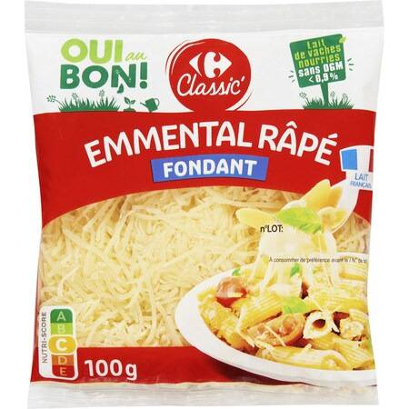 Fromage Râpé Emmental Sans OGM CARREFOUR CLASSIC' - le sachet de 100g