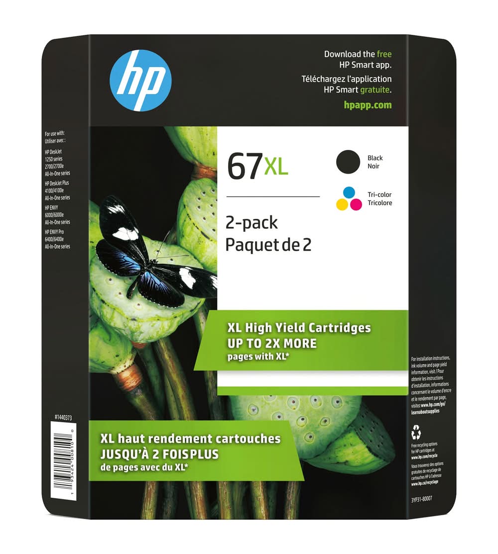 Hp 67Xl – Ensemble De 2 Cartouches D’Encre Noire Et Tricolore À Haut Rendement (3Yp31Bn) / Hp 67Xl Black And Tri-Colour High Yield Original Ink Cartridges (3Yp31Bn) Combo-Pack