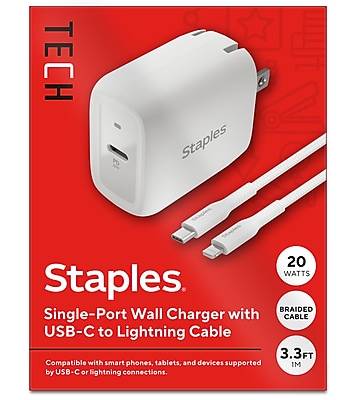 Staples TECH USB-C Wall Charger with Cable, 20W, White (ST62321)
